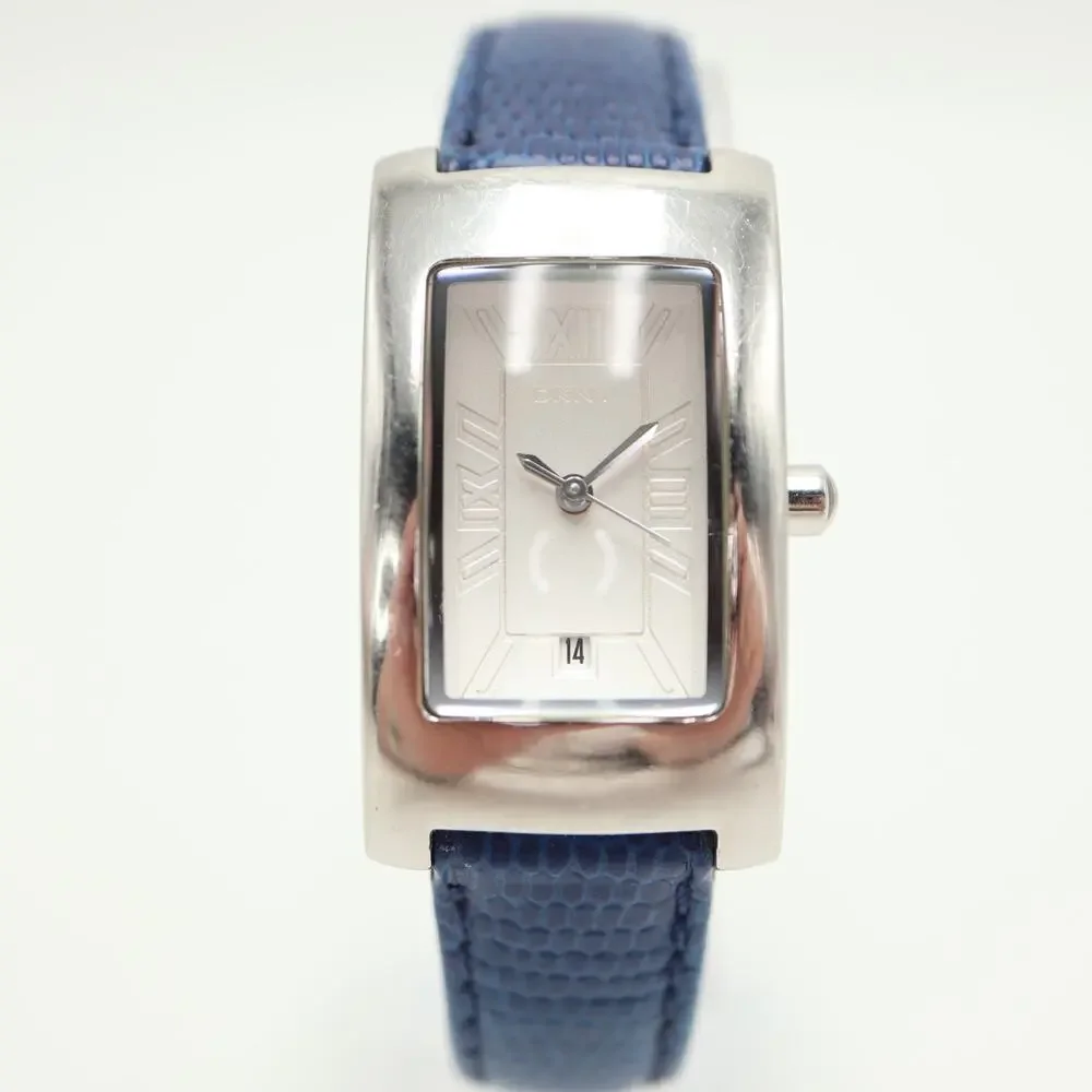 DKNY Silver Tone Dome Tank 23mm Women Watch Rectangle Blue Leather w New Battery
